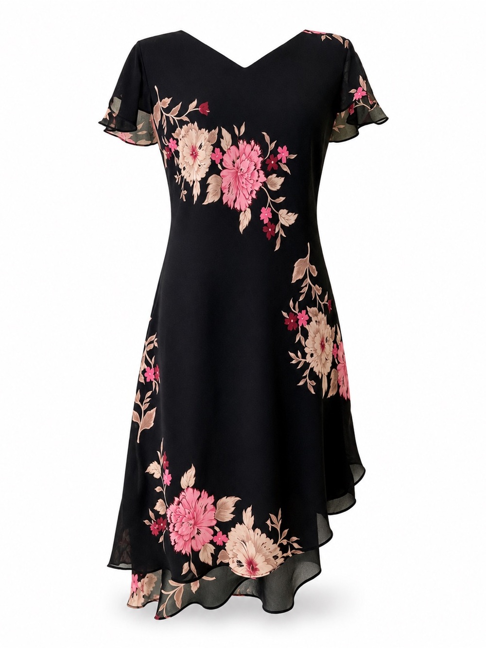 Donna Ricco Floral Chiffon Midi Dress Flutter Sleeve Handkerchief Hem 10 Petite